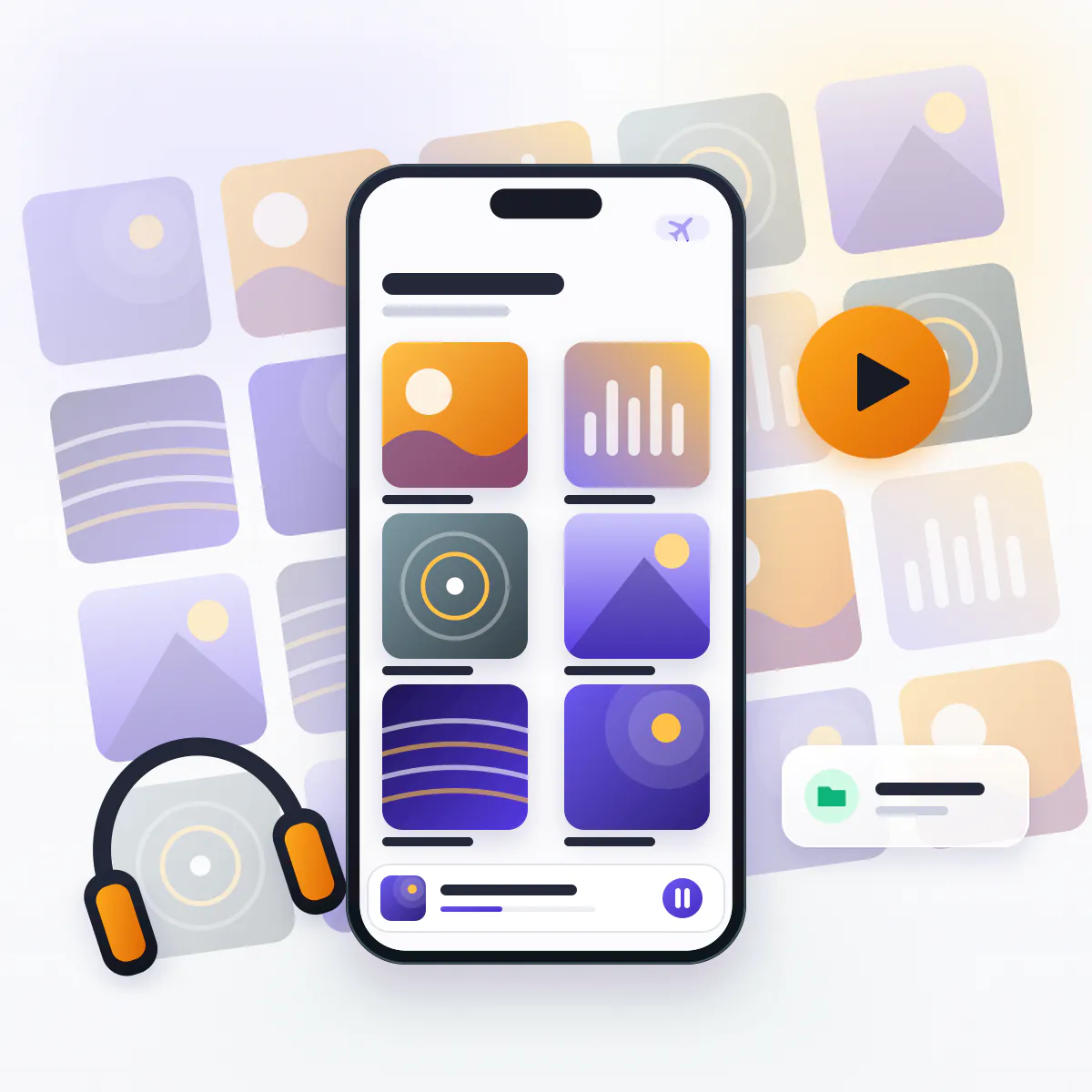 Offline music library of album tiles on a phone in airplane mode with headphones and a play button