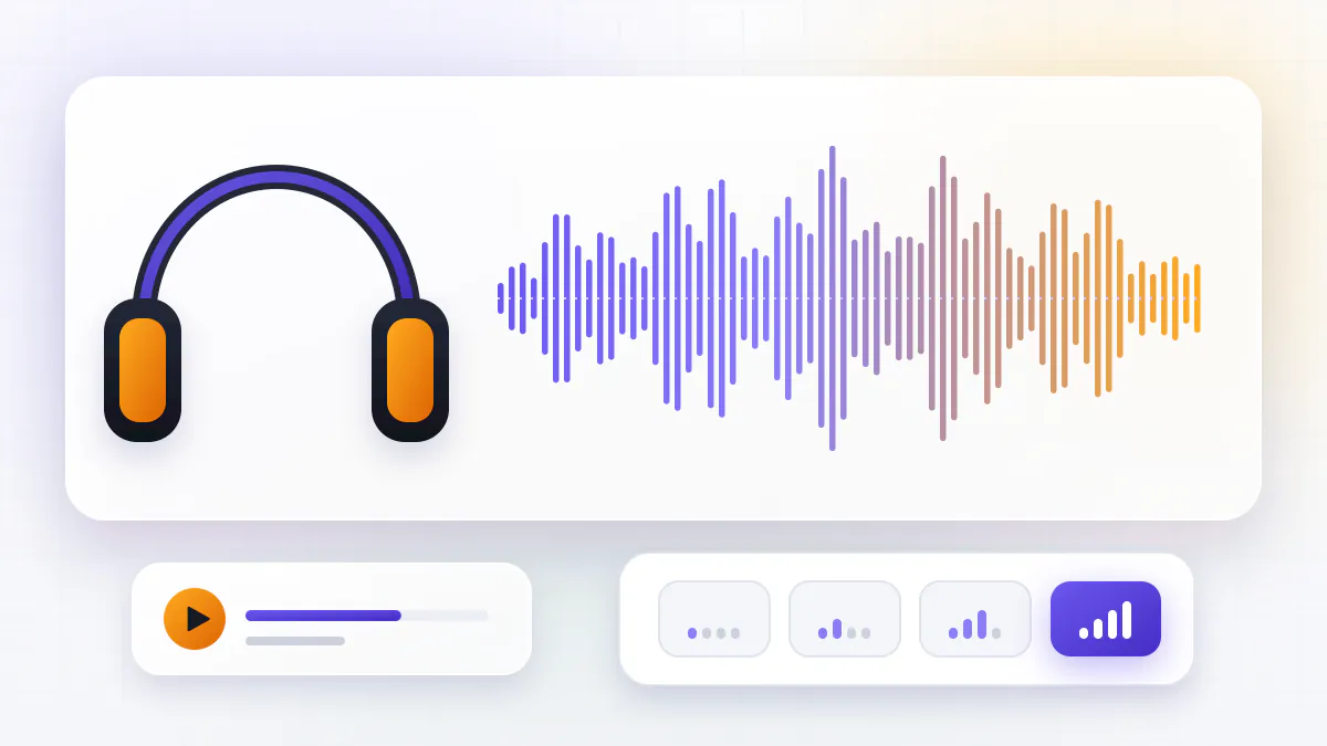 Detailed audio waveform with headphones and a quality selector set to the highest level
