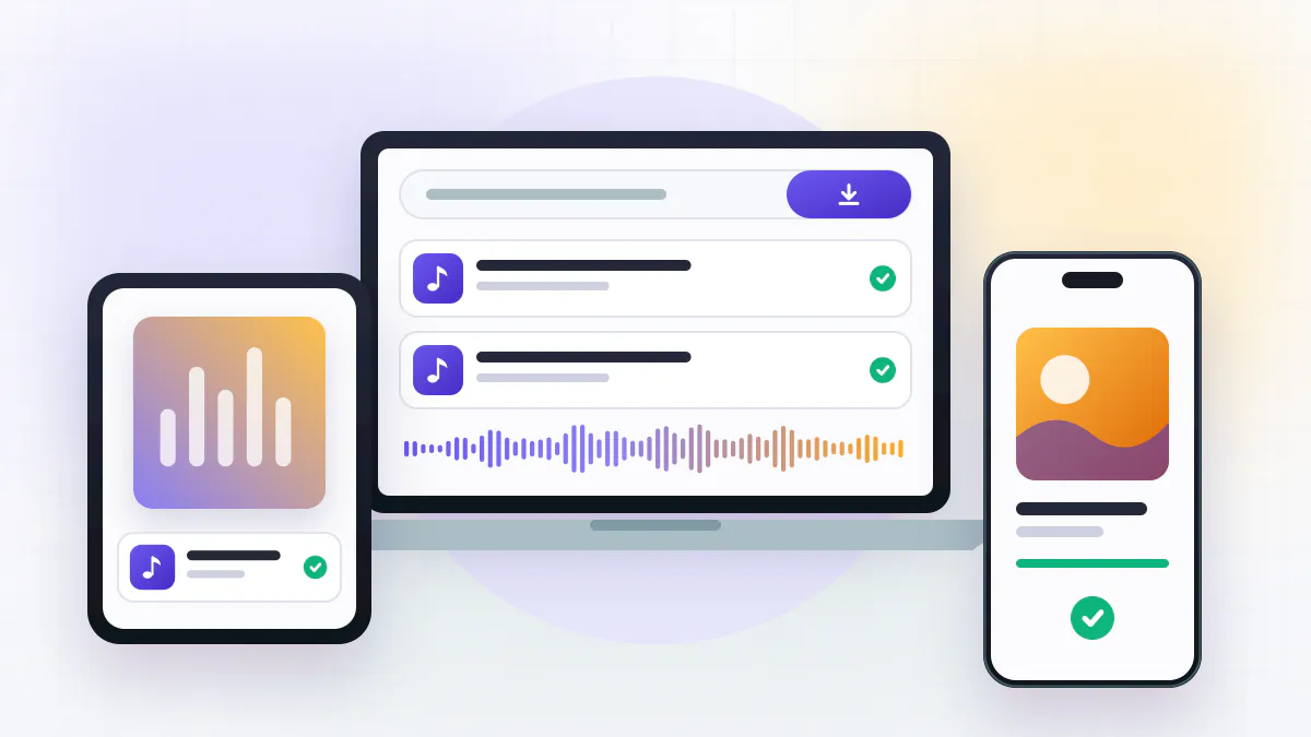Phone, tablet and laptop side by side, each showing the same downloaded music file