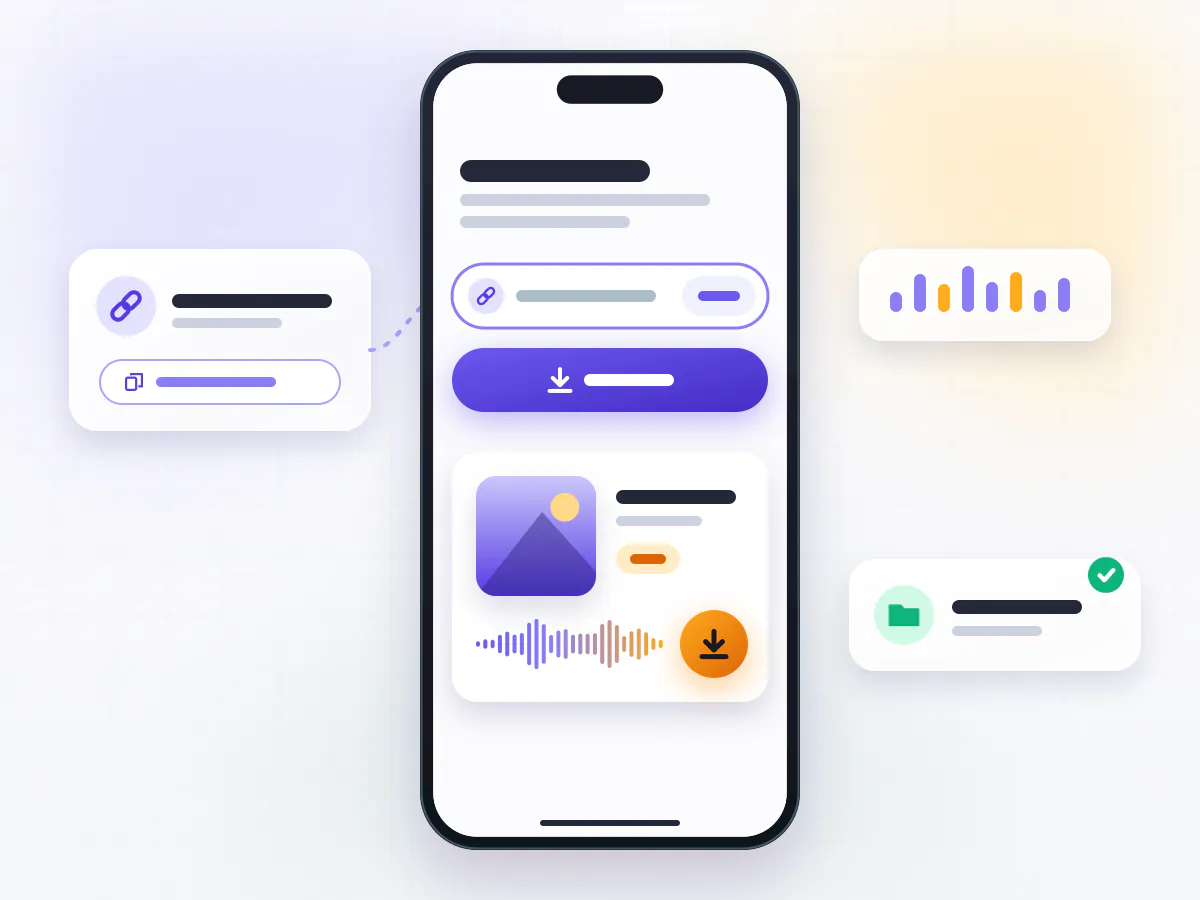 Phone screen with a music link pasted into an input box and a generated MP3 file ready to download