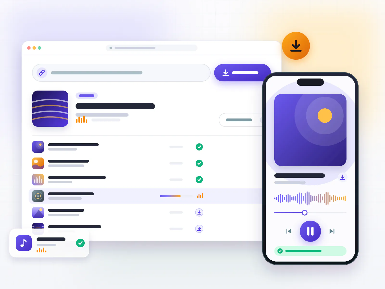 Music downloader app window with a pasted playlist link, track list, download progress and a phone player